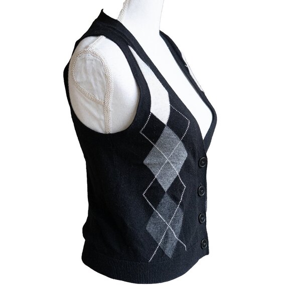 Express Argyle Sweater Vest Y2k Goth Emo Academia Black Wool Diamond Intarsia - Picture 4 of 9